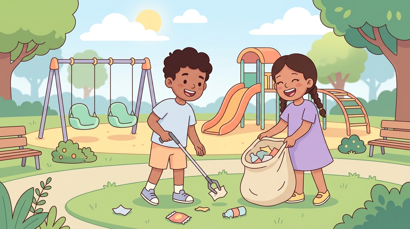 Karim et Yara qui ramassent des déchets dans un terrain de jeux